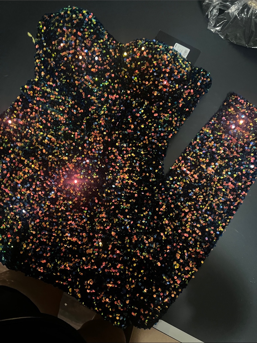 Fashion Nova Black Multicolor Sequin Jumpsuit stretches